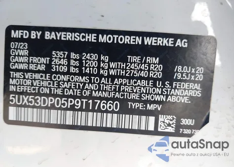 2023 BMW X3 xDrive30I z USA, uszkodzony, nr VIN 5UX53DP05P9T17660